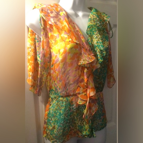 Original MILLY New York Silk Ruffle Blouse Colorful Peplum Top Shirt Pink Orange - Picture 10 of 10